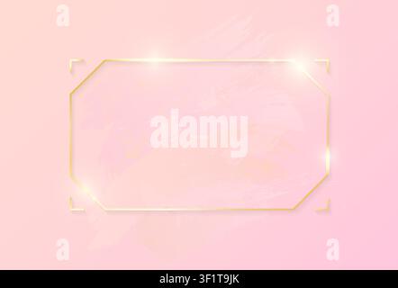 Gold shiny glowing rectangle frame with rose pastel brush strokes isolated on pink background. Golden luxury line border for invitation, card, sale, f Stock Vector