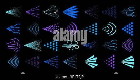 Spray mist icon pack isolated on black background. Blue spray steam icons. Fluid, air, aerosol cloud, nebulizer, steam spraying symbols set. Vector il Stock Vector