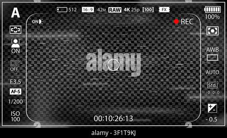 DSLR mirrorless camera rec overlay. Recorder cam display frame. Video or photo recording screen. CCTV black and white glitch effect filter. Viewfinder Stock Vector