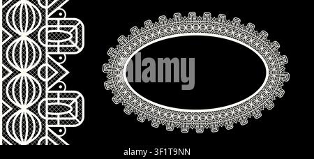 Seamless realistic textured lace border oval frame isolated on black. Vintage crochet embroidery frame. Classic ornament border trim ribbon line. Vect Stock Vector