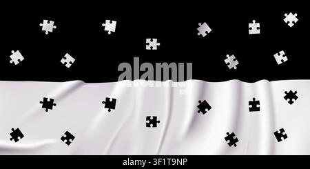 Cutout confetti style horizontal overlay pattern isolated on black background. Puzzle glitter design template in white atlas cloth style. Vector illus Stock Vector