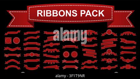 Red ribbons banner big pack banners. Set of flat style ribbon isolated on black background. Festive or sale collection. Christmas elements. Vector ill Stock Vector