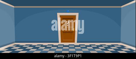 Cartoon secret door concept. Empty room with door in blue style. Quiz post. Vector illustration Stock Vector
