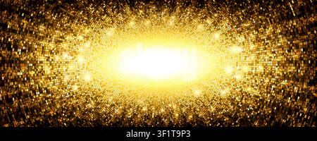 Abstract gold mosaic disco sequin pattern. Luxurious golden glittering halftone cover. Disco ball texture. Shining sun explosion backdrop. Gradient re Stock Vector