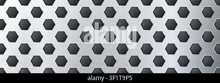 Grey seamless perforated metal sheet realistic texture. Metal chrome grill plate with hexagon holes. Modern design carbon radiator bg. Macro speaker r Stock Vector