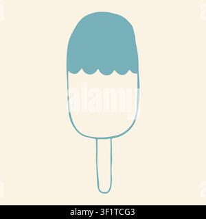 Doodle vector art of a traditional ice cream popsicle bar with a smooth chocolate glaze coating. Minimalist blue outline icon for frozen summer dairy Stock Vector