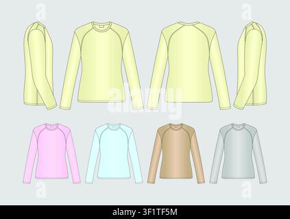 Premium Blank Long Sleeve Raglan Shirt Technical Illustration with Multi View Garment Specification and Color Palette for Fashion Stock Vector