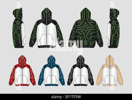 Premium Futuristic Tech wear Full Zip Hoodie Technical Flat Vector Template All Side Views with Cyber Circuit Line Graphics Stock Vector