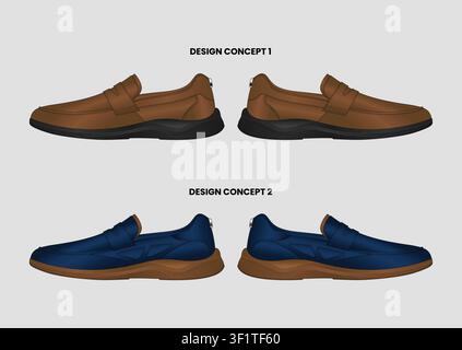 Premium Leather Penny Loafers Technical Vector Mockup Featuring Modern Business Casual Slip-On Footwear Design Stock Vector