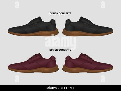 Professional Casual Leather Sneakers Technical Flat Vector Collection Featuring Side View Footwear Mockups, Lightweight Sole Stock Vector