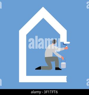 Flat vector illustration of a person painting a house, representing home renovation, property maintenance, interior improvement, DIY projects, and res Stock Vector