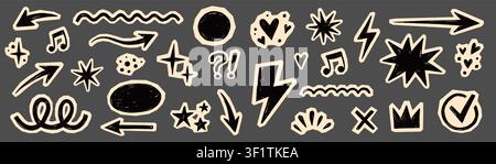 Paper collage scrapbook element set. Hand drawn paper collage sticker with doodle line heart arrow notebook texture. Cute grunge newspaper crown rock punk retro background. Vector illustration Stock Vector