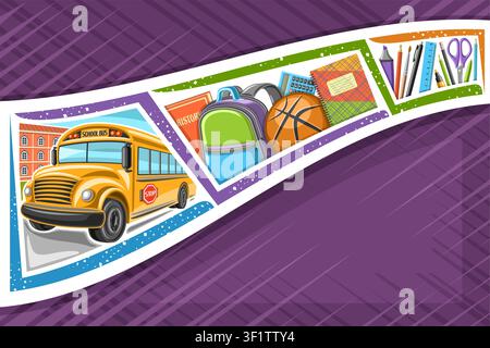 Vector layout for School with copy space for text, layout with white decorative ribbon on abstract purple background with illustration of school bus a Stock Vector