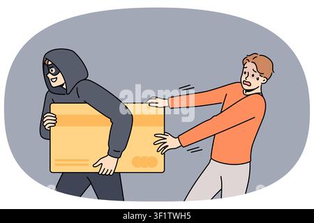 Fraudster steals credit card from man trying to save own money and protect himself from carding. Cybercriminal who hacked bank website takes away savings using carding or social engineering Stock Vector