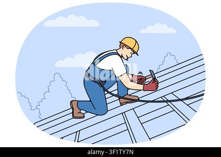 Man builder installs shingles on roof of house, using hammer and nails to securely fasten them. Guy, repair and construction specialist, stands on roof, nailing boards to frame of building. Stock Vector