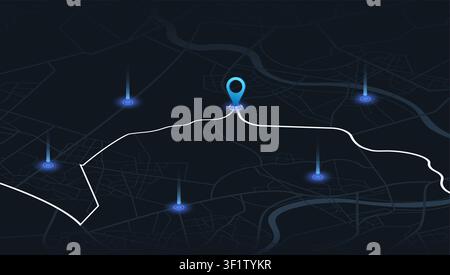 Isometric night map perspective with illuminated route and vertical signal beams. 3D navigation path. Vector illustration. Stock Vector