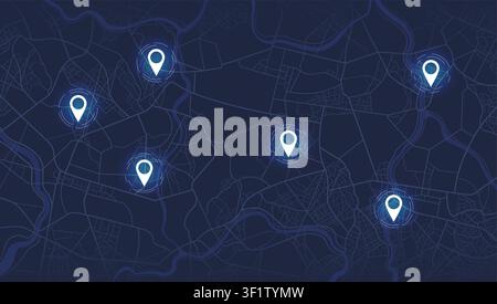 city map background with multiple glowing location pins. Smart navigation system interface. Vector illustration. Stock Vector
