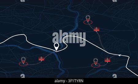city map with white route line and red alert markers. Vector illustration. Stock Vector