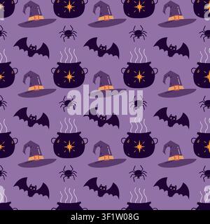 Halloween seamless pattern with witch hat bat spider and cauldron on purple background for fabric wrapping paper and holiday design Stock Vector