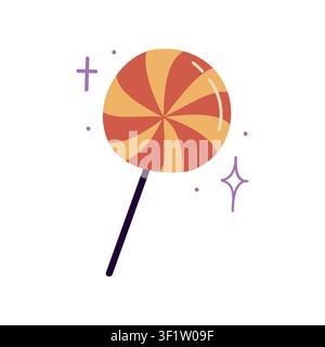 Cute Halloween lollipop on stick with magic sparkles flat vector illustration isolated on white background Stock Vector