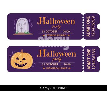 Halloween party ticket template set with tombstone and pumpkin admit one invitation coupon vector illustration Stock Vector