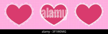 Collection of lace scalloped heart shape frames on pink background. Stock Vector
