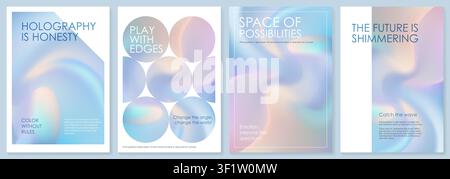 Gradient pink blue bg and holographic iridescent poster set. Pastel texture presentation with foil color paper. Pearly purple rainbow with light Stock Vector