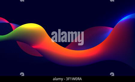 Futuristic abstract neon wave background featuring a dynamic glowing ribbon with vibrant gradient colors and high tech motion vector lines on a dark b Stock Vector