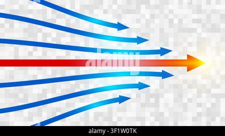 Leadership arrow business strategy direction and market alignment with red and blue arrows moving forward toward a central corporate success goal on a Stock Vector