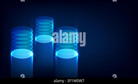 abstract futuristic featuring three glowing blue cylindrical towers representing digital database servers or cloud computing storage networks against Stock Vector