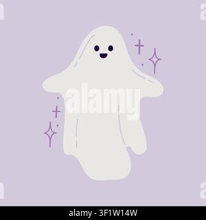 Cute Halloween ghost with magic sparkles flat vector illustration isolated on purple background Stock Vector