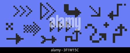 Retro pixel art arrow icons in 8 bit arcade style Y2K. Interface icon set. Geometric play buttons and retro game cursors. Trendy digital collection. Vector illustration Stock Vector