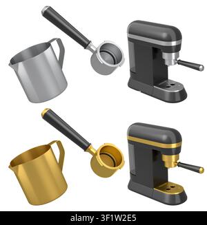 Set of espresso coffee machine horn, pitcher cup and espresso coffee machine on white background. 3d render of coffee pot for making latte coffee Stock Photo