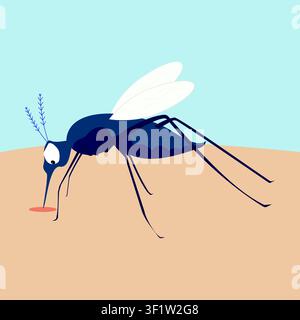 Flat vector illustration of a mosquito feeding on human skin, representing mosquito bites, vector-borne diseases, public health, prevention, and pest Stock Vector