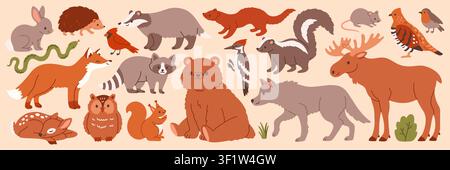 Cute autumn forest animals set. Vector illustration of woodland wild fauna like bear, fox, deer, owl, squirrel, and moose in flat cartoon style for Stock Vector