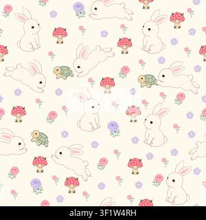 Cute bunny seamless pattern with flowers, turtles, mushrooms and pastel woodland elements for baby fabric, nursery wallpaper, wrapping paper, textile Stock Vector