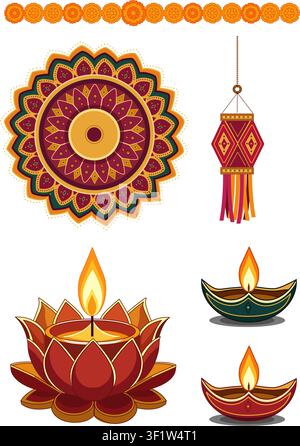 Diwali festival decoration set featuring diya oil lamps, floral mandala, hanging lantern, marigold garland, and traditional ornamental elements in fla Stock Vector