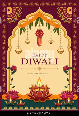 Happy Diwali greeting card with lotus oil lamp, floral garland, hanging lanterns, traditional arch frame, decorative border, marigold flowers, and ele Stock Vector