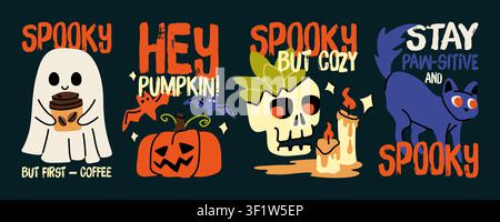 Groovy Halloween character stickers hand drawn vector set for holiday decor Stock Vector