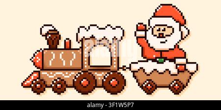 Pixel art 8 bit Christmas gingerbread train with Santa Claus. Stock Vector