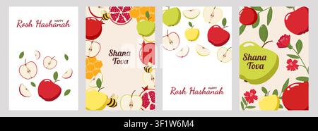 Four colorful Rosh Hashanah greeting cards with apples, honey, pomegranates, bees, and flowers, featuring Stock Vector