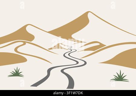 Stylized desert landscape showing smooth hills a winding road and sparse vegetation in muted sandy tones Stock Vector