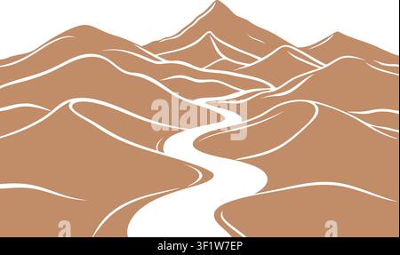 Layered brown desert mountains are crossed by a winding white river creating a calm panoramic landscape Stock Vector