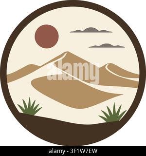 Round framed landscape illustration featuring mountains dunes a red sun clouds and desert plants Stock Vector