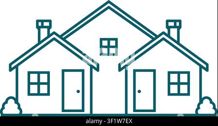 Outline illustration of two cozy houses standing side by side with doors windows chimneys and small shrubs Stock Vector