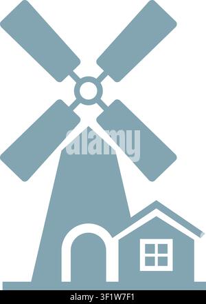 Flat illustration of a windmill structure with four large blades and a small attached house at the base Stock Vector