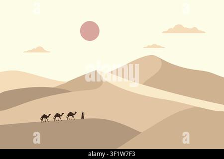 Scenic desert illustration featuring layered sand dunes a low sun small clouds and a caravan moving across the horizon Stock Vector