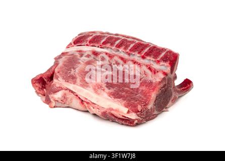 Raw lamb rack isolated, fresh mutton fillet with ribs, tenderloin pieces, mutton rump sirloin meat, sheep chop fillet cut out, loin filet on white bac Stock Photo