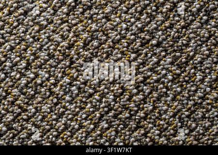 Textured loop pile carpet background macro view. Close up of durable berber carpet texture with grey and brown woven fibers. Seamless flooring materia Stock Photo