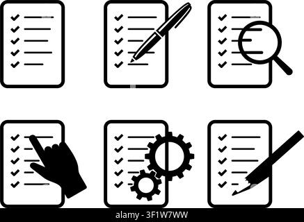 Form, questionnaire, checklist or to-do-list icons set in 4 versions - simple, with pen, pencil, pointing hand, loupe and gears Stock Vector